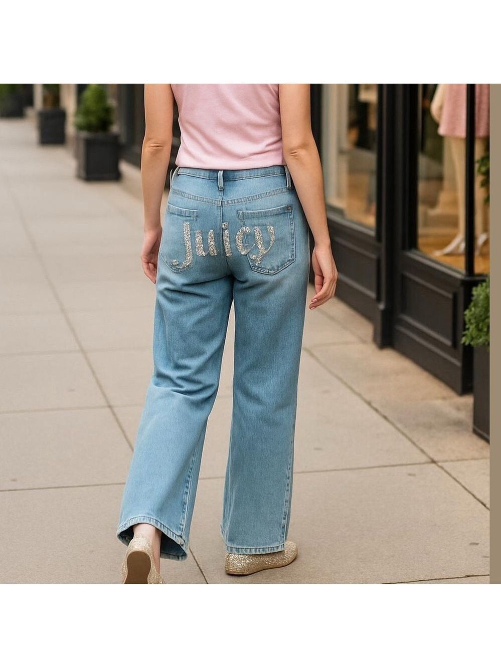 90s JUICY COUTURE WIDE LEG JEANS DISTRESSED DENIM W RHINESTONE JUICY BUTT SZ M